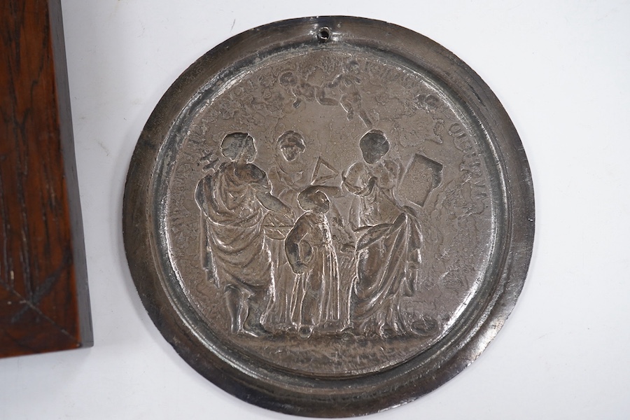 British Historic medals/badges; Charles II, Christ’s Hospital, Nautical School, uniface Silver Badge, 1673, Bluecoat boy with the figures of Arithmetic, Astronomy and Mathematics, AVSPICIO CAROL SECVNDI REGIS, 81mm (MI 5